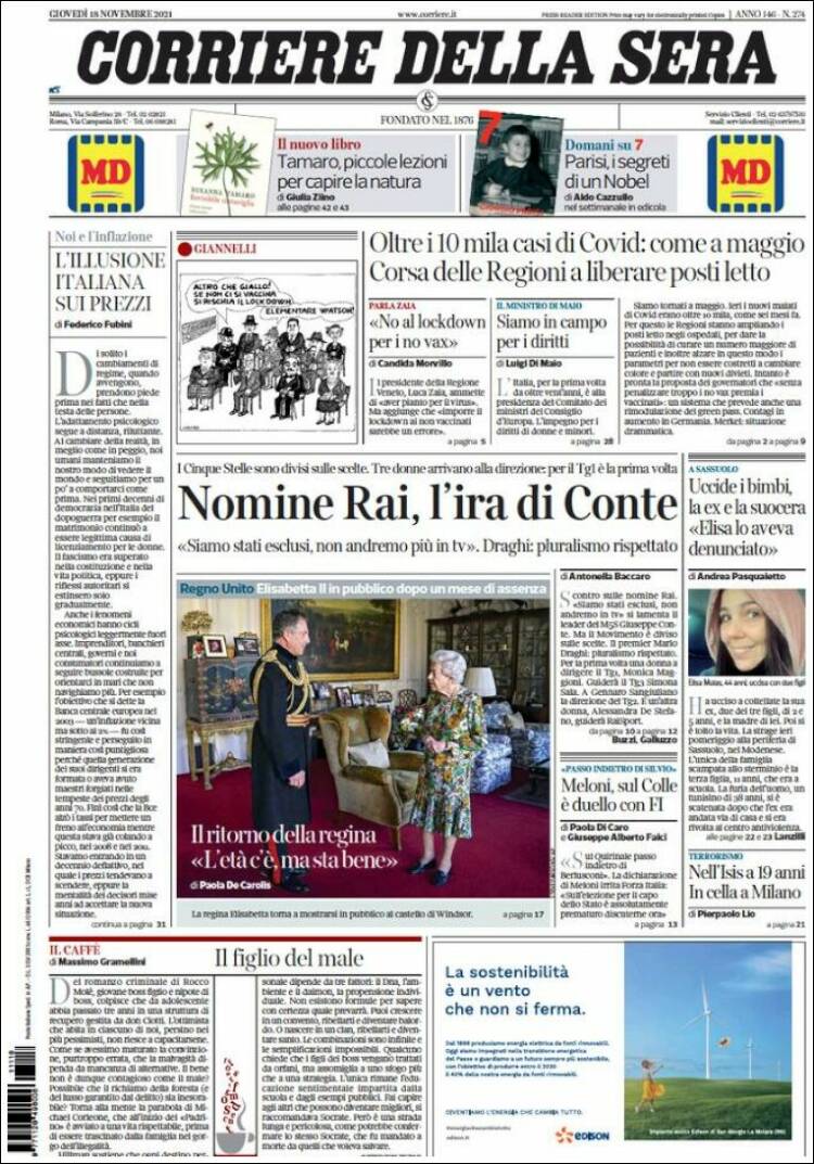 Portada de Corriere della Sera (Italia)