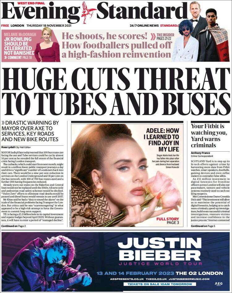 Portada de Evening Standard (Reino Unido)