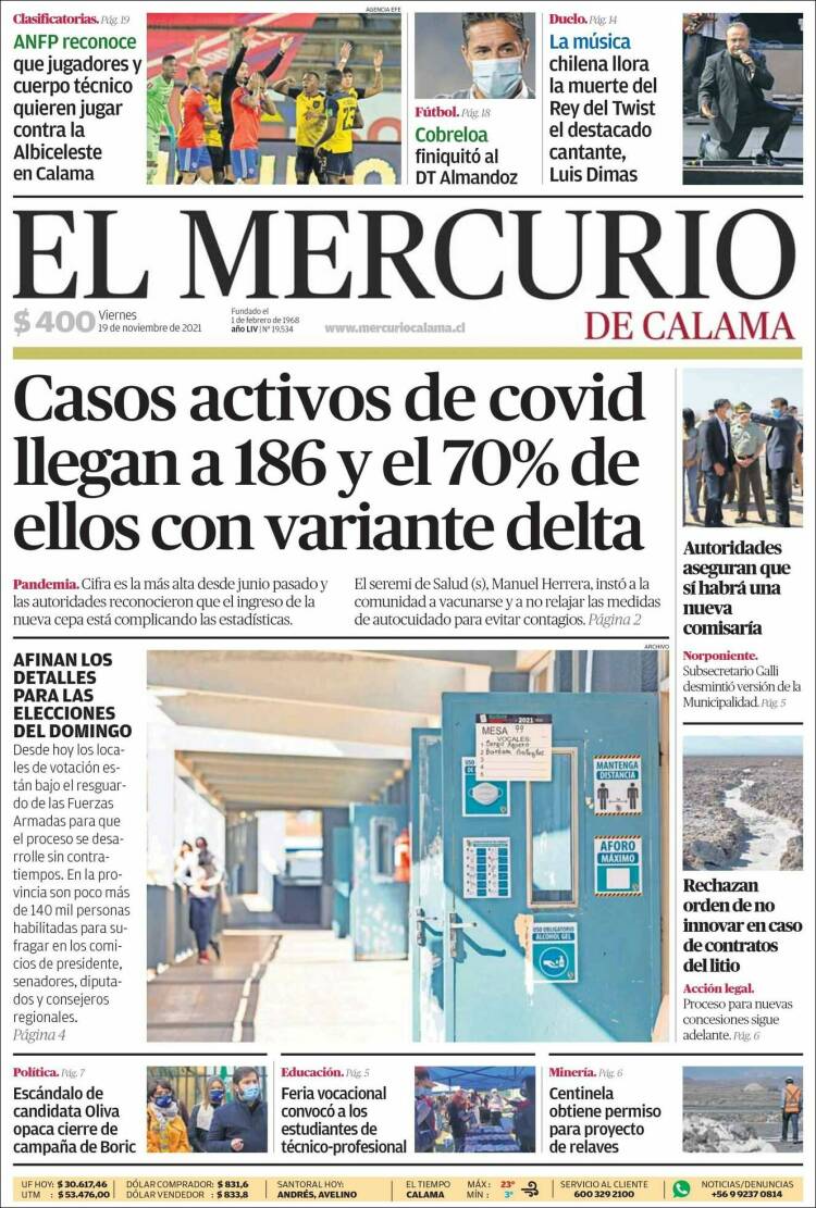 Portada de El Mercurio - Calama (Chile)