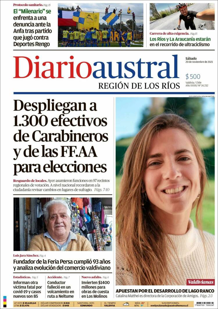 Portada de El Diario Austral de Valdivia (Chile)