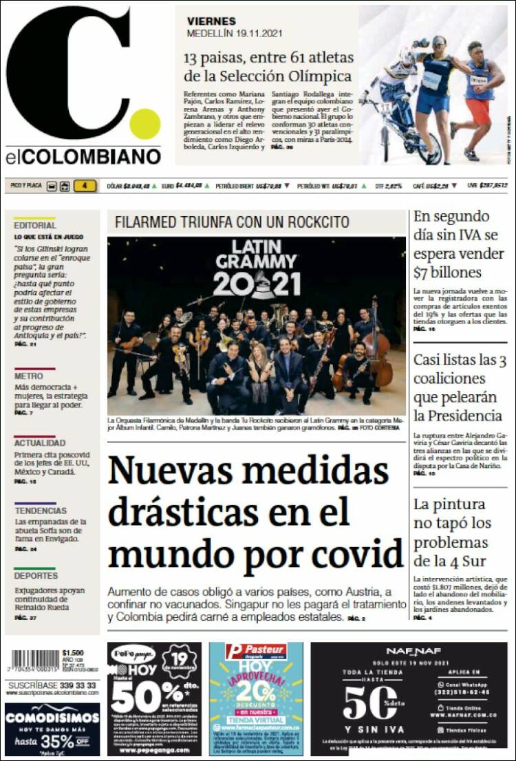 Portada de El Colombiano (Colombia)