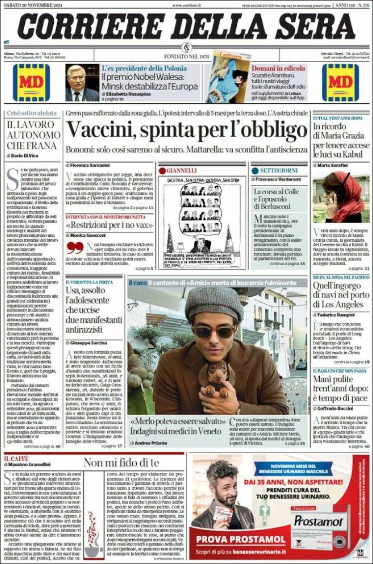 Portada de Corriere della Sera (Italia)