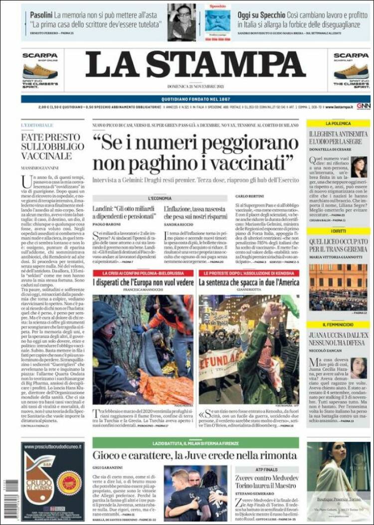 Portada de La Stampa (Italia)