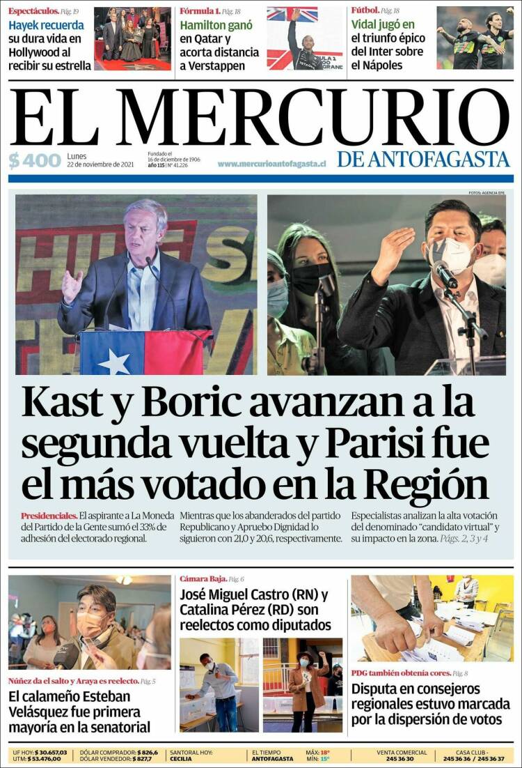 Portada de El Mercurio de Antofagasta (Chile)