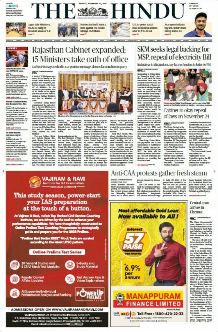 Portada de The Hindu (India)