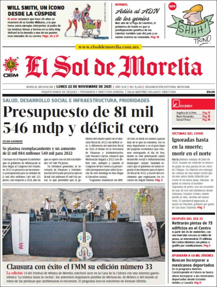 Portada de El Sol de Morelia (M&eacute;xico)