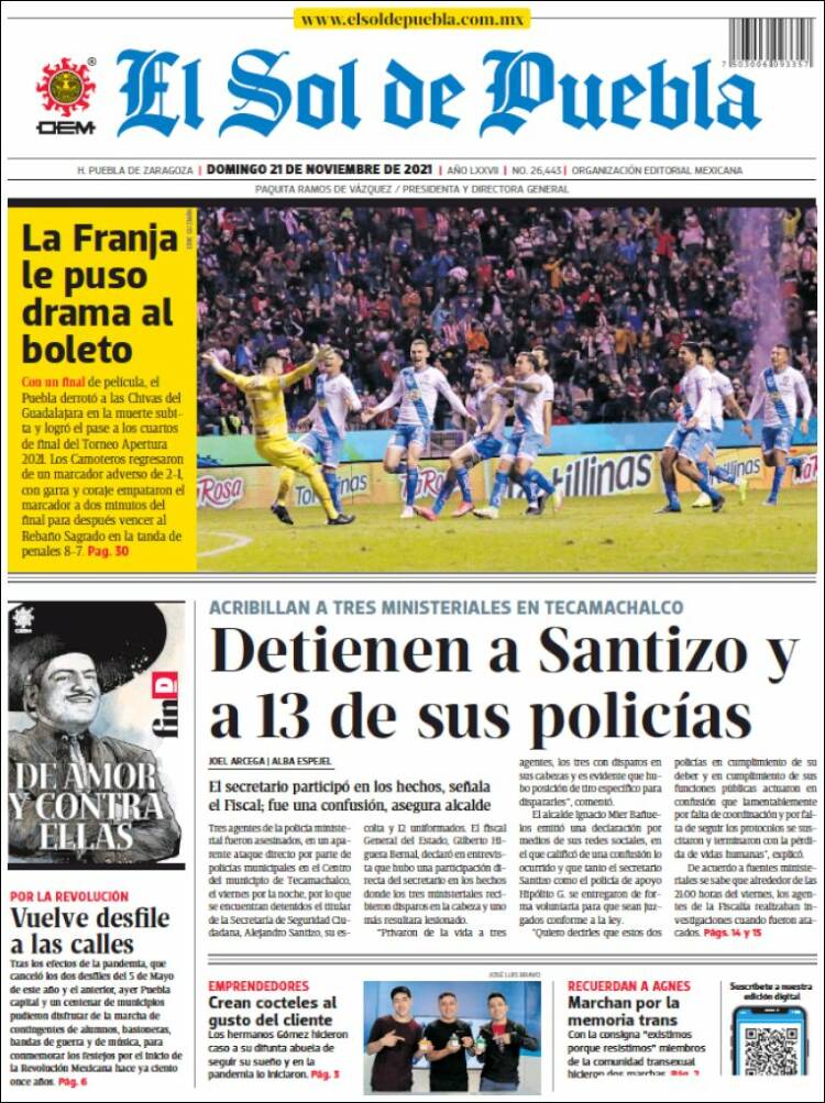 Portada de El Sol de Puebla (M&eacute;xico)