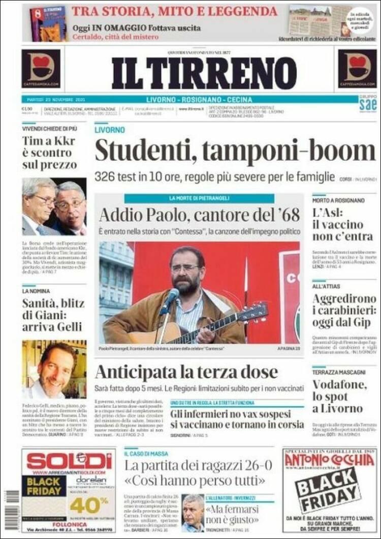 Portada de Il Tirreno (Italia)