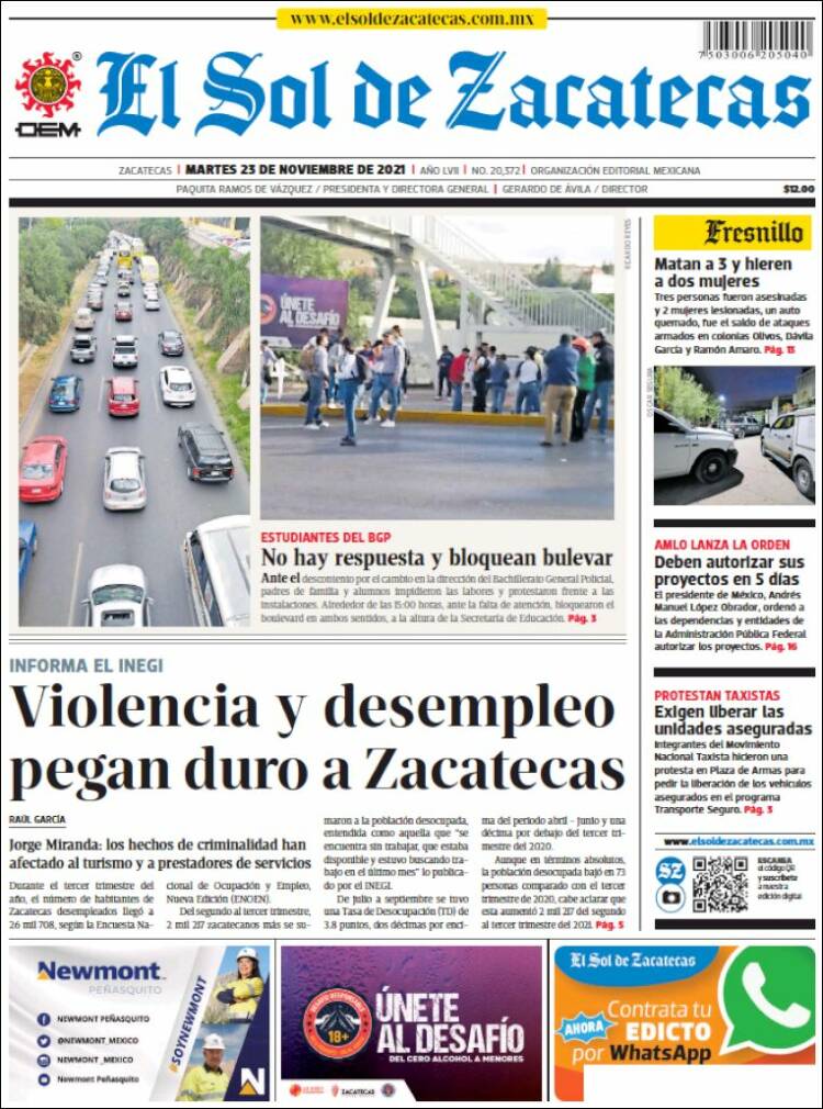 Portada de El Sol de Zacatecas (México)