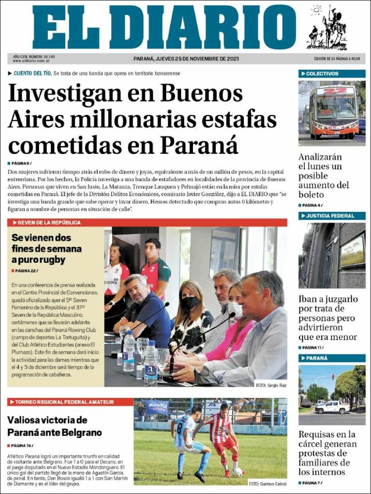 Portada de El Diario de Paraná (Argentina)