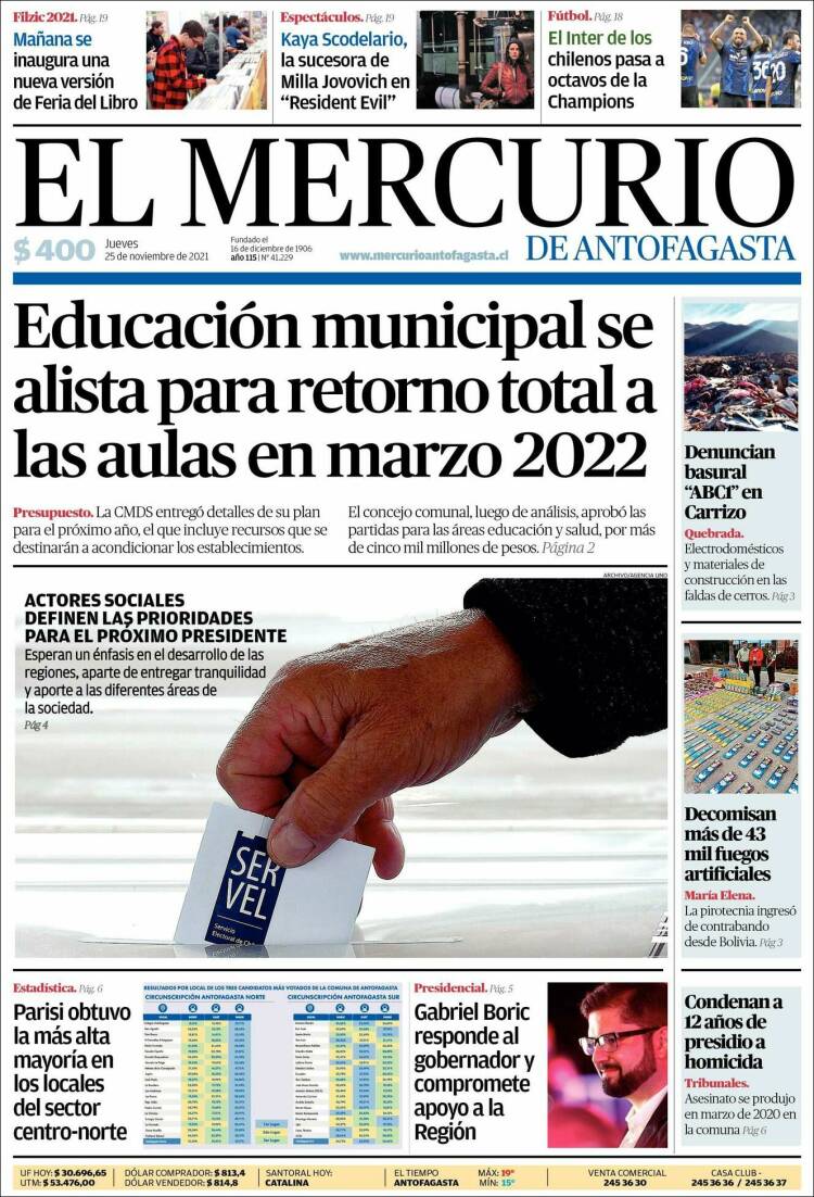 Portada de El Mercurio de Antofagasta (Chile)