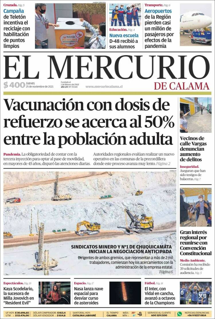 Portada de El Mercurio - Calama (Chile)