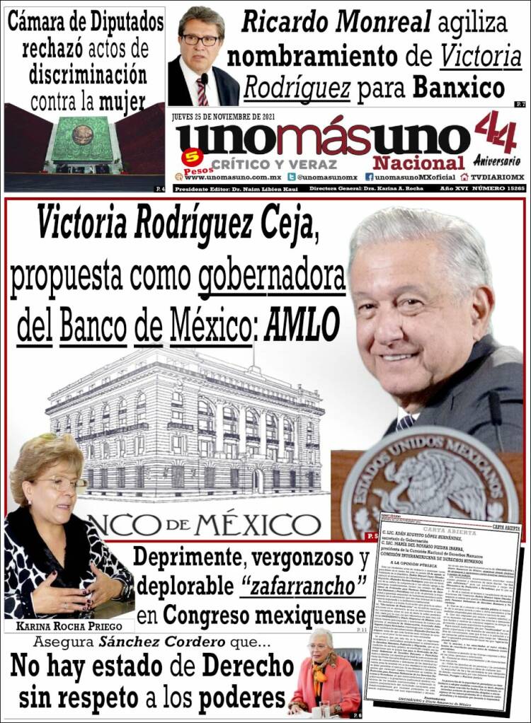 Portada de unomásuno (México)