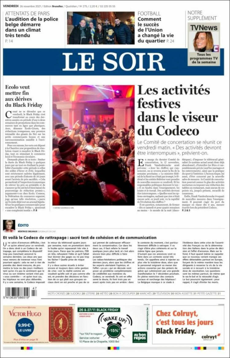 Portada de Le Soir (B&eacute;lgica)