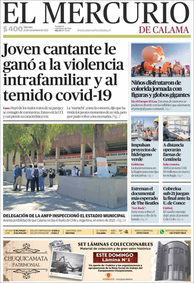 Portada de El Mercurio - Calama (Chile)