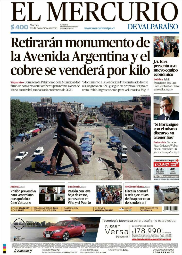 Portada de Mercurio de Valparaiso (Chile)