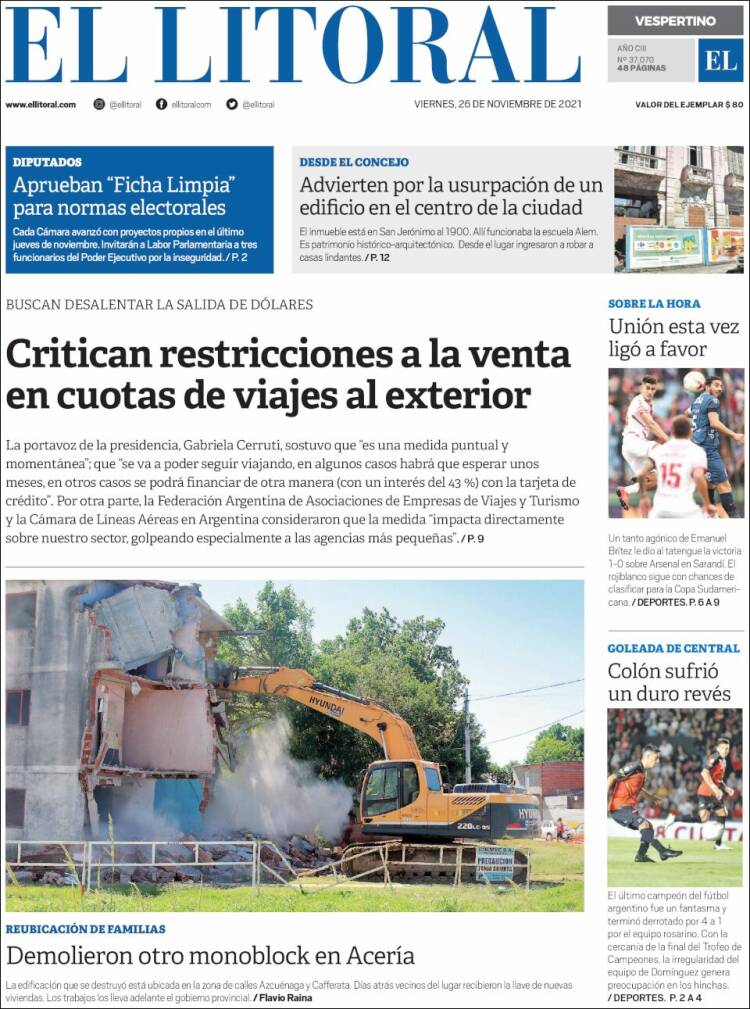 Portada de Diario El Litoral (Argentina)