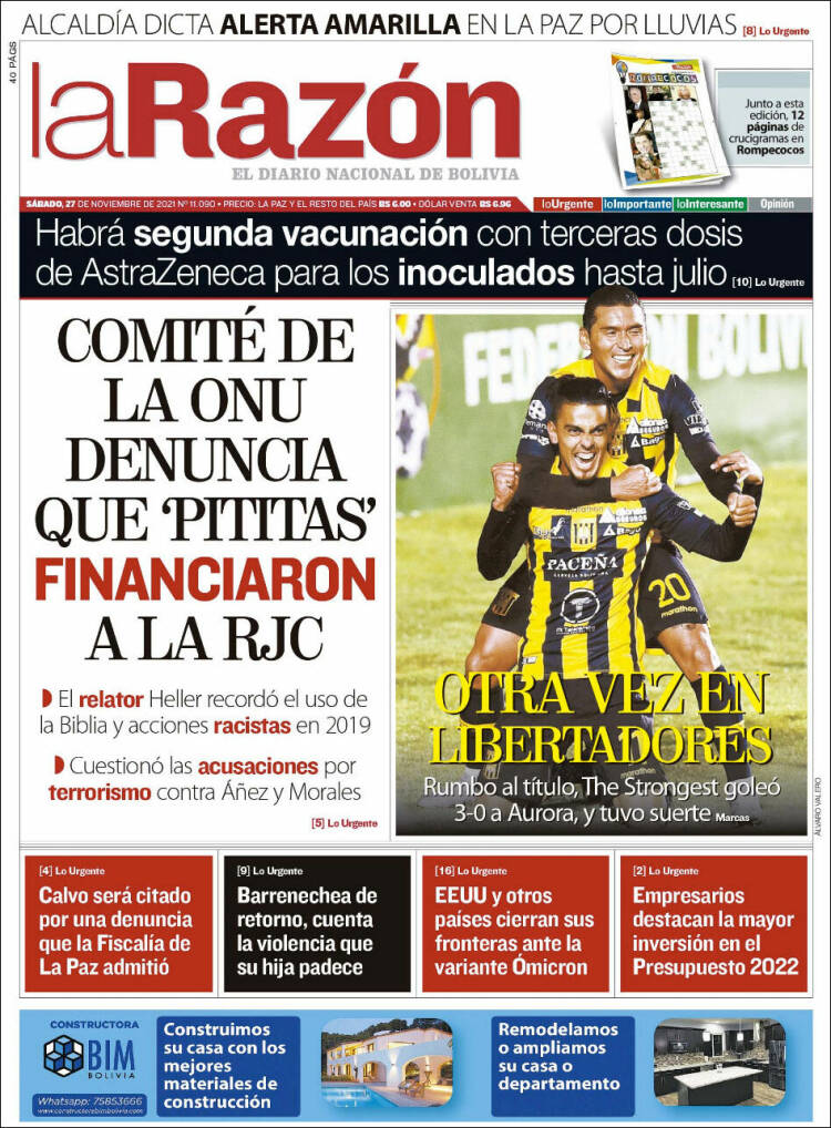 Portada de La Razón (Bolivia)
