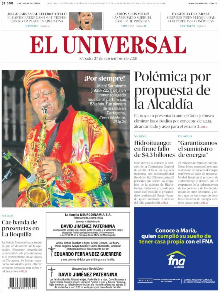 Portada de El Universal (Colombia)