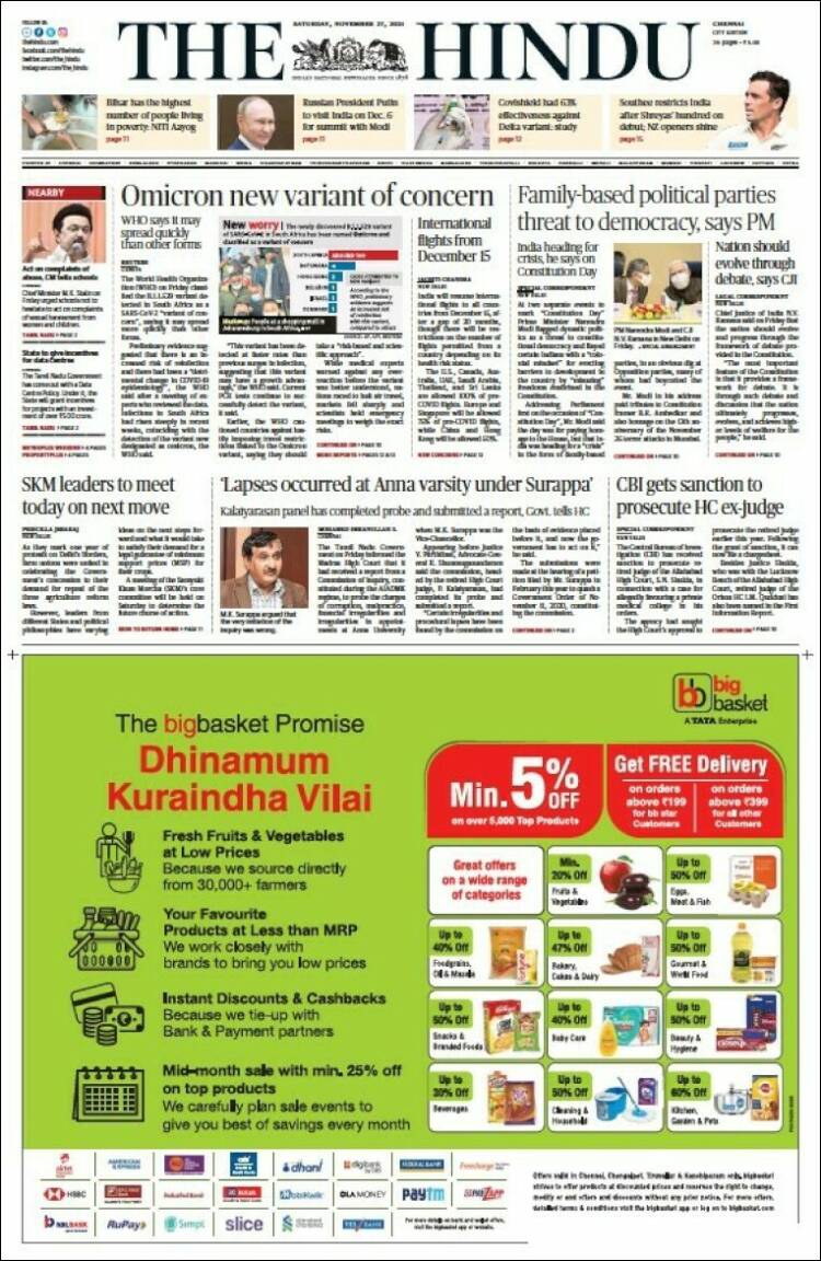 Portada de The Hindu (India)