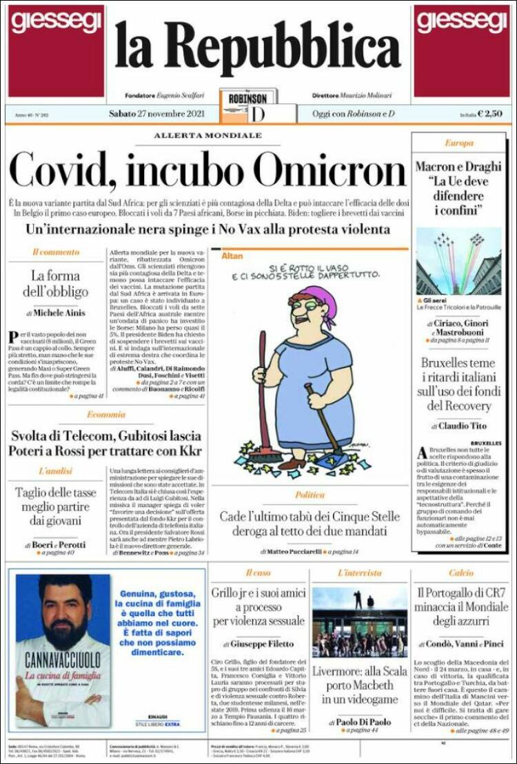 Portada de La Repubblica (Italia)