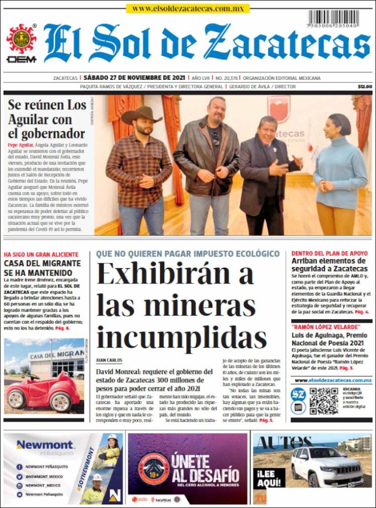Portada de El Sol de Zacatecas (M&eacute;xico)