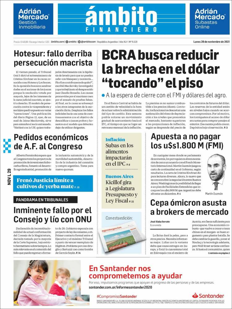 Portada de Diario Ambito Financiero (Argentina)