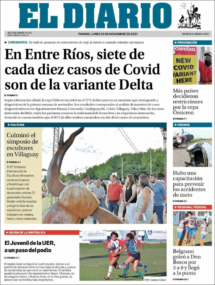 Portada de El Diario de Paraná (Argentina)