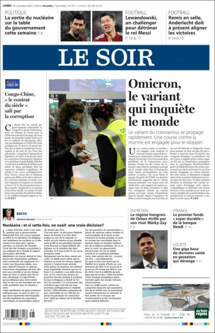 Portada de Le Soir (B&eacute;lgica)