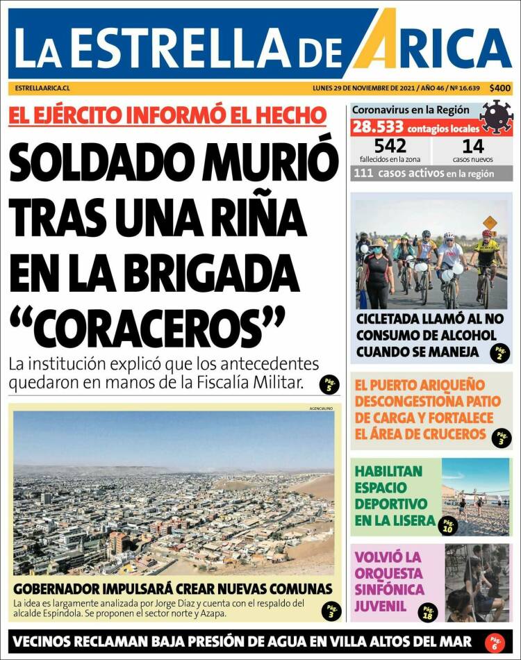 Portada de La Estrella de Arica (Chile)