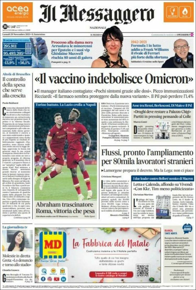 Portada de Il Messaggero (Italia)