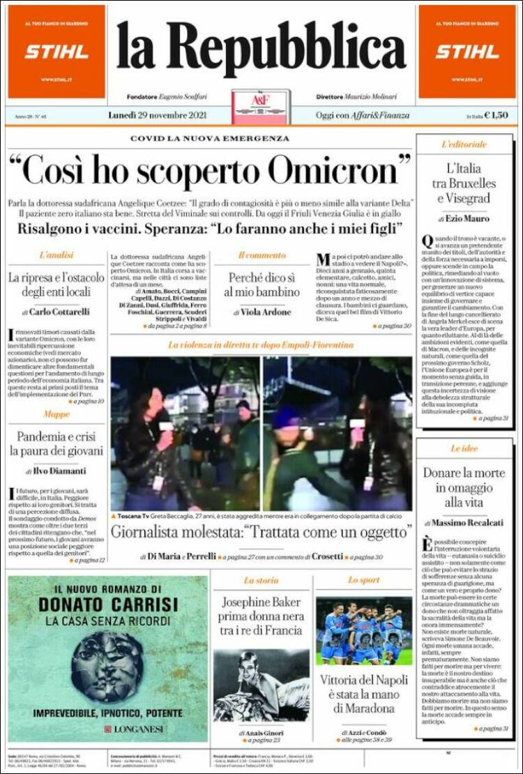Portada de La Repubblica (Italia)