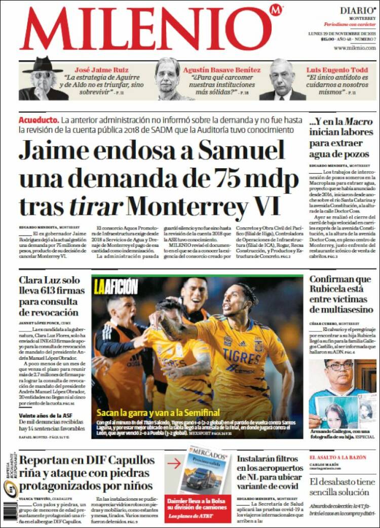 Portada de Milenio de Monterrey (México)