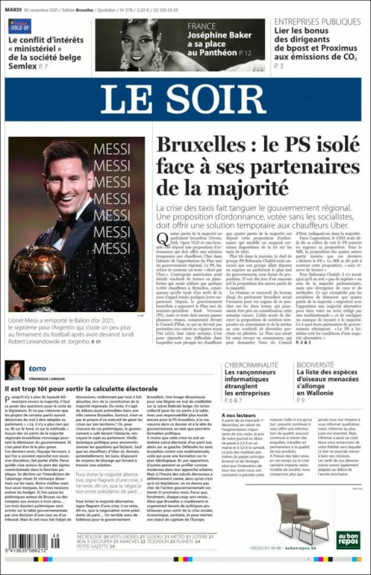 Portada de Le Soir (B&eacute;lgica)