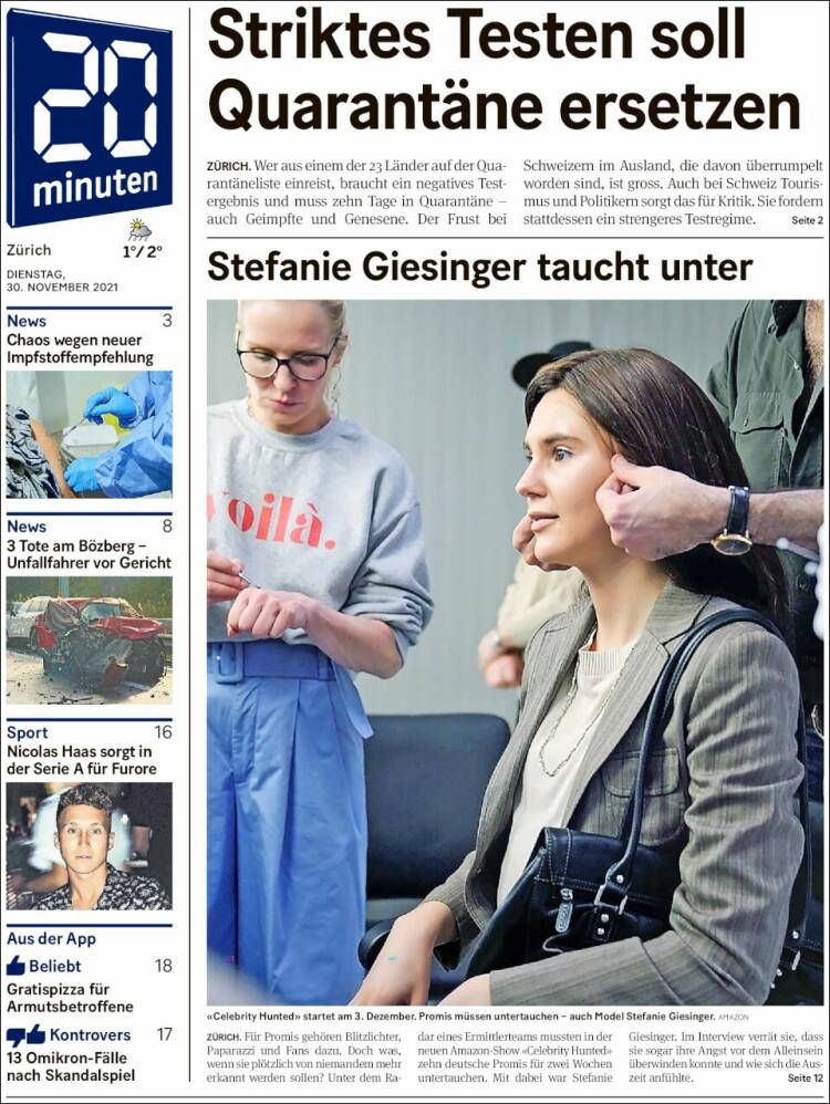 Portada de 20Minuten - Zürich (Suiza)