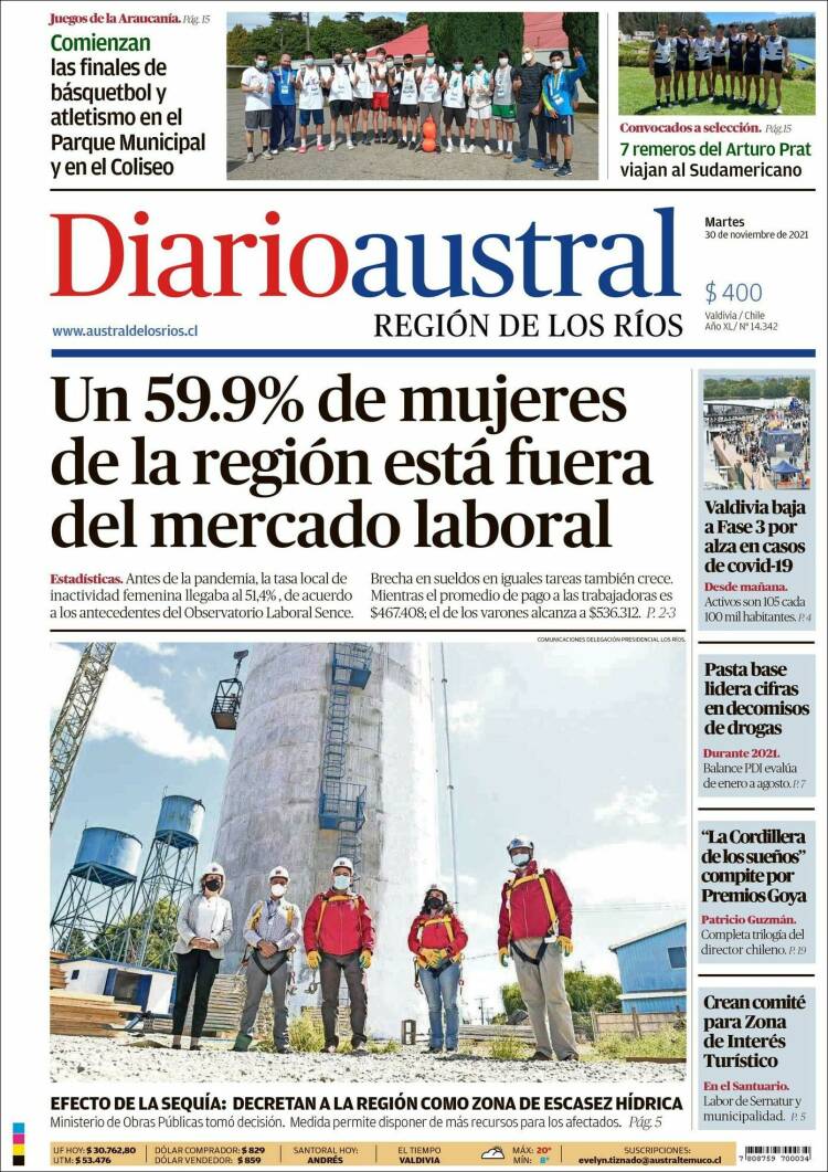 Portada de El Diario Austral de Valdivia (Chile)