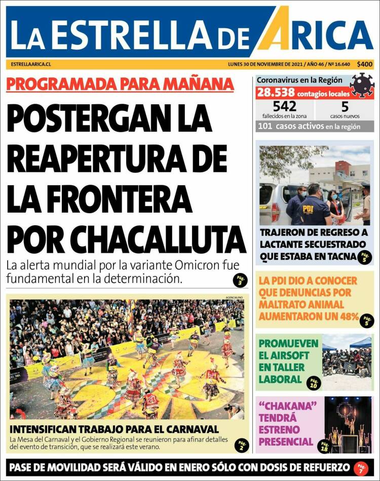 Portada de La Estrella de Arica (Chile)