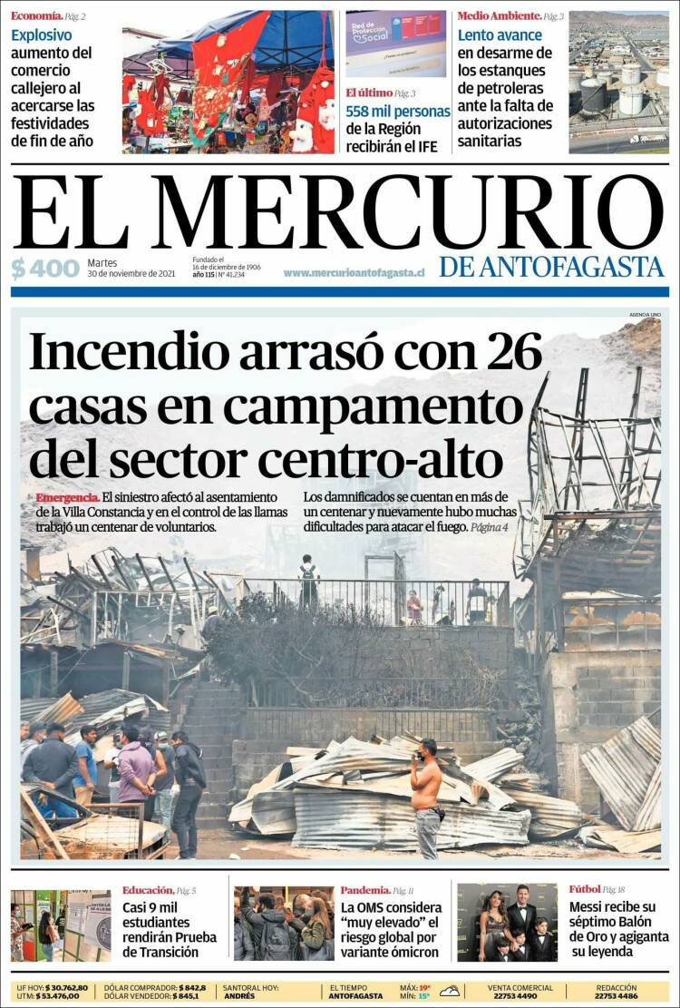 Portada de El Mercurio de Antofagasta (Chile)