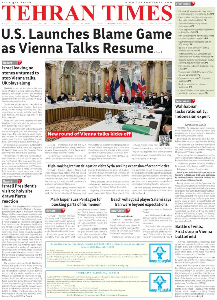 Portada de TehranTimes (Ir&aacute;n)