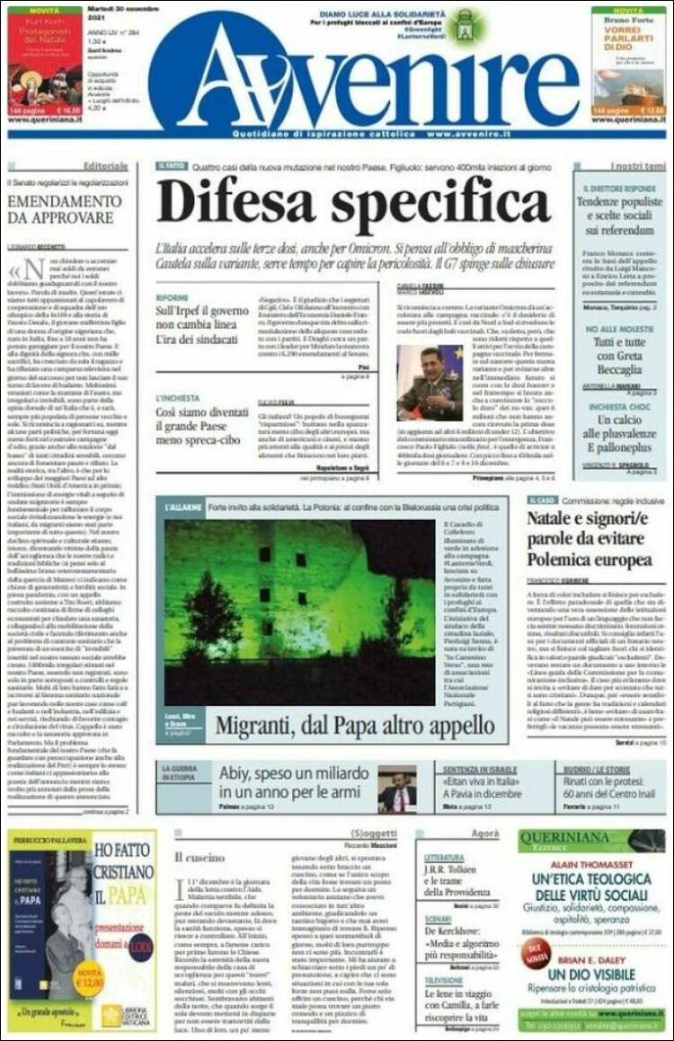 Portada de Avvenire (Italia)