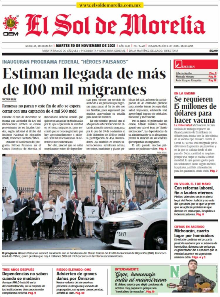 Portada de El Sol de Morelia (M&eacute;xico)