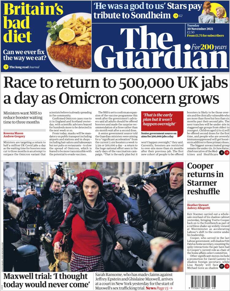 Portada de The Guardian (Reino Unido)