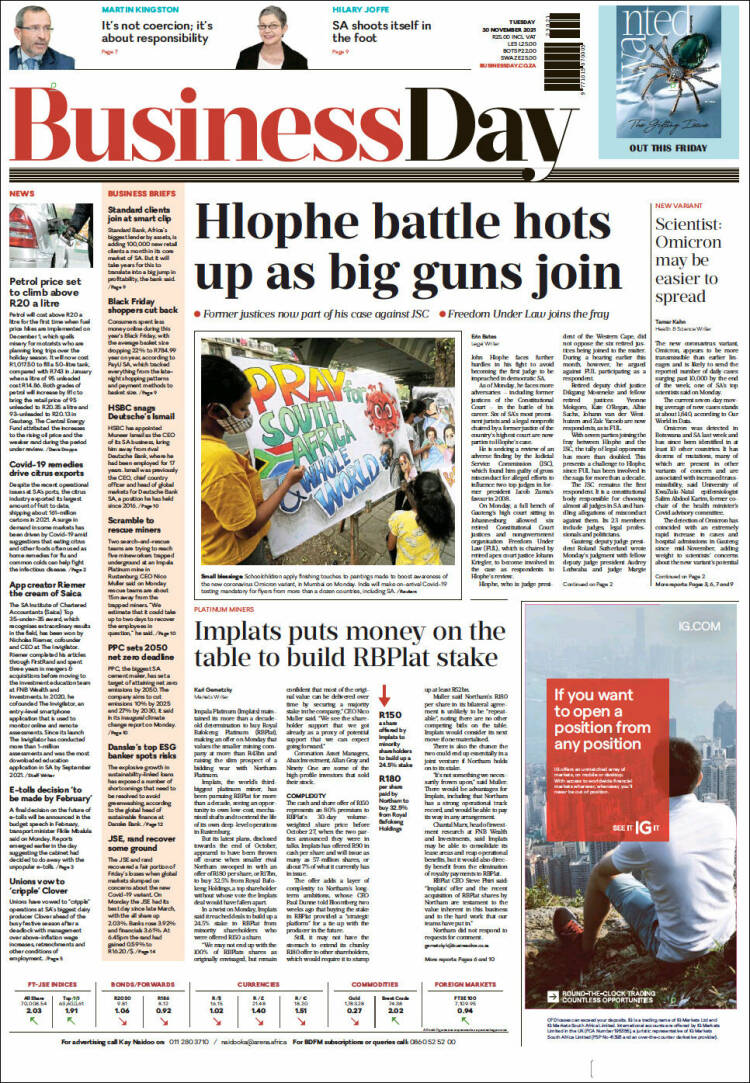 Portada de Business Day (Sud&aacute;frica)