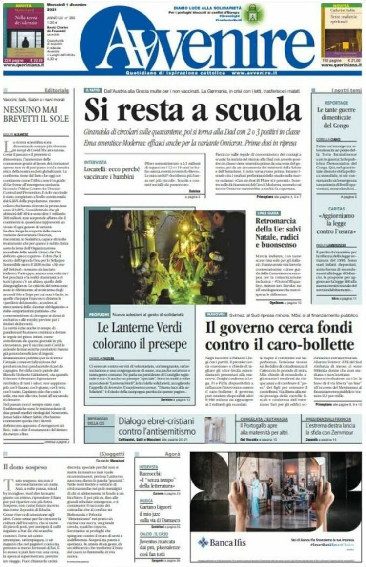 Portada de Avvenire (Italia)