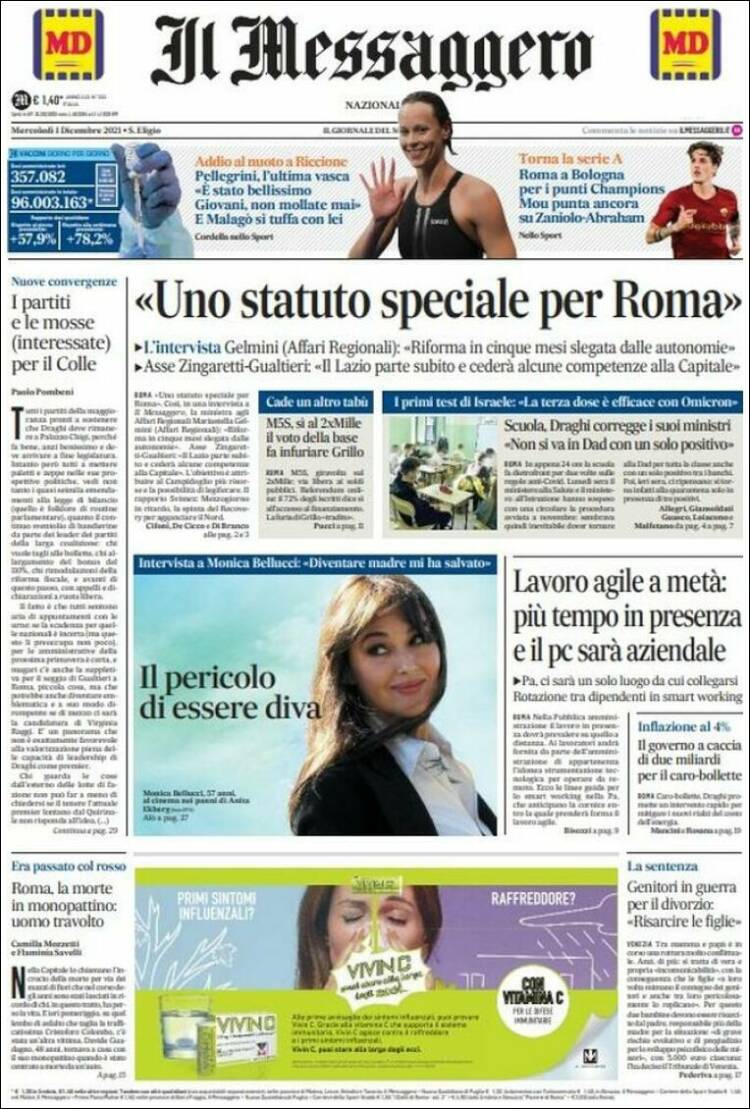 Portada de Il Messaggero (Italia)