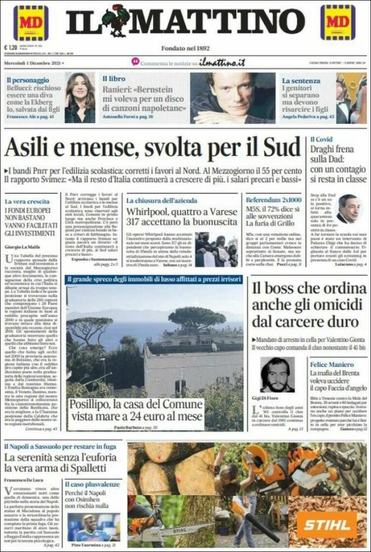 Portada de Il Mattino (Italia)