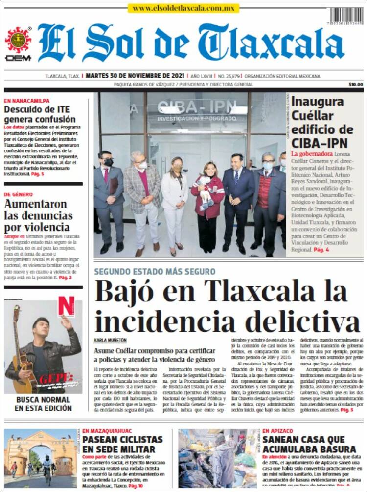 Portada de El Sol de Tlaxcala (M&eacute;xico)