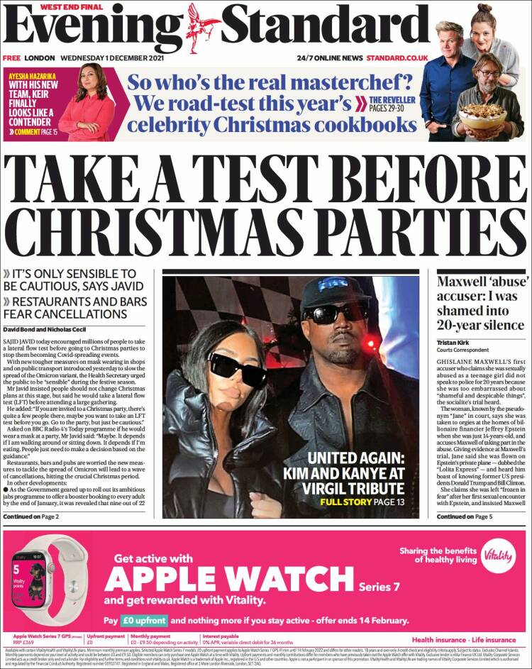 Portada de Evening Standard (Reino Unido)