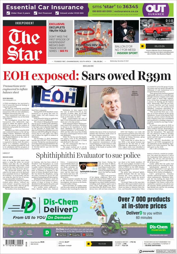 Portada de The Star (Sud&aacute;frica)