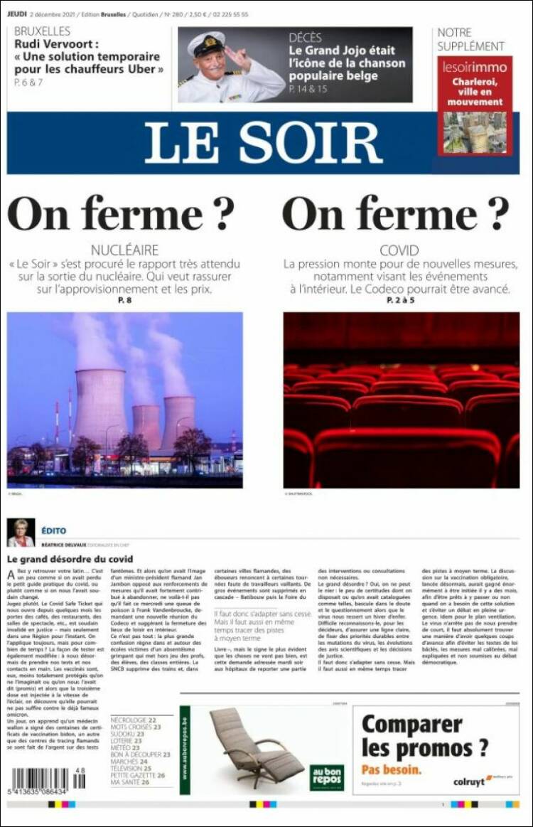 Portada de Le Soir (B&eacute;lgica)